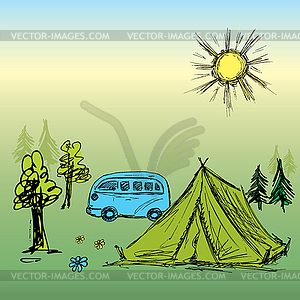 Camping wooden with tent and bus - royalty-free vector image