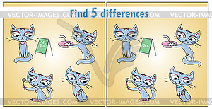 Four cute cats. Children`s game Find 5 differences - vector image