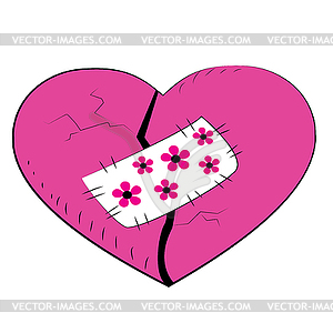 Pink broken heart with patch - vector image