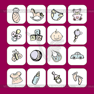 Icons newborn baby items,accessories and toys - vector EPS clipart