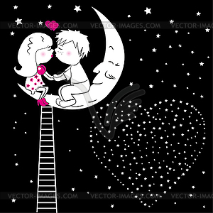 Loving couple kissing sitting on moon at night - vector clipart