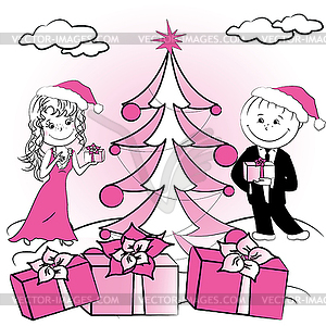 Рождественская елка и пара влюбленных - цветной векторный клипарт