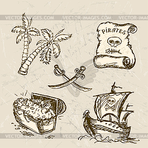 Коллекция рисованных элементов дизайна пиратов - изображение в векторе