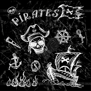 Collection of hand-drawn pirates design elements - vector image