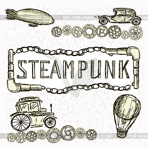 Steampunk Gears, machine, airship, balloon, hand - vector clip art