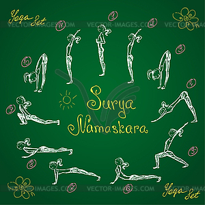 Hand drawing set character woman practicing yoga - vector clipart