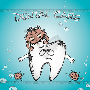 Cartoon sick tooth with bacteria - vector clipart