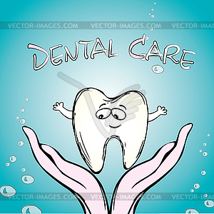 Dental care, tooth on hand, - vector image