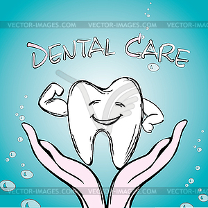 Dental care, tooth on hand, - vector image