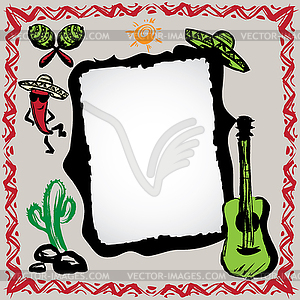 Mexican fiesta frame with sombrero`s, cactus, - vector image