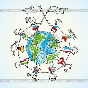 Multicultural children on planet earth - vector clip art