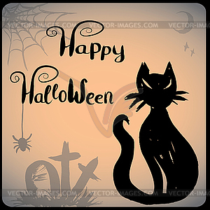 Halloween with black cat - vector image