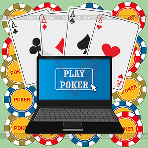 Laptop with poker application on screen - royalty-free vector clipart