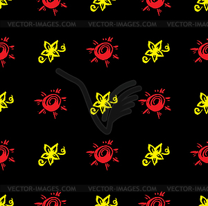 Seamless pattern of flowers and sun on black - color vector clipart