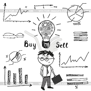 Businessman and graphs and charts. idea of concept - vector image