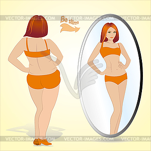 Fat woman looking in mirror and seeing herself as - vector image