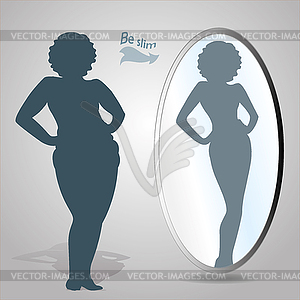 Fat woman looking in mirror and seeing herself as - vector clipart