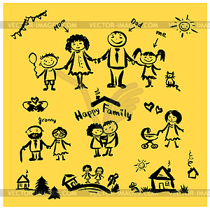 Hand drawing cartoon character happy family - stock vector clipart