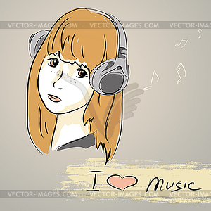 Teenager girl listening to music with headphones - color vector clipart