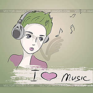 Teenager girl listening to music with headphones - vector image