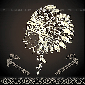 North American Indian chief with tomahawk - vector clip art