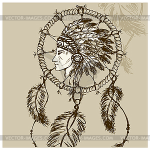 North American Indian with Dreamcatcher - vector clipart