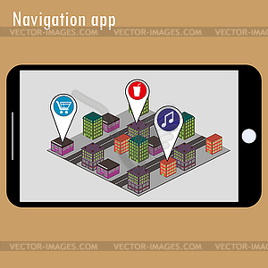 Mobile navigation GPS with map pointers - vector image