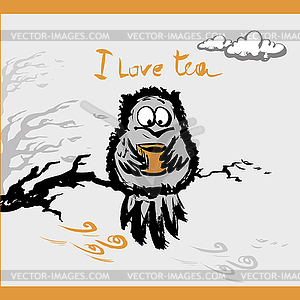 Owl with cup tea in autumn, - vector clipart