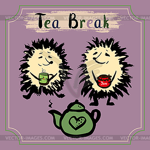 Tea break. Two hedgehog with mug of tea, tea and jam - vector EPS clipart