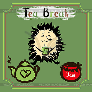 Tea break. Hedgehog with mug of tea, tea and jam - vector clip art