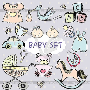 Newborn baby set with cute icons - vector clip art