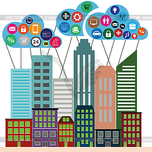 View of city in style flat with cloud app icons - vector image