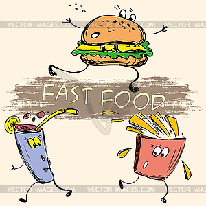Фаст-фуд: картофель-фри, сода, гамбургер - векторизованное изображение клипарта