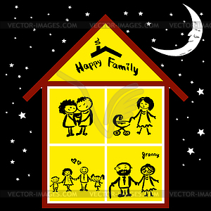 Happy family in house at night - vector clipart