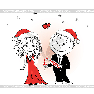 Man gives gift to girlfriend for Christmas - vector image