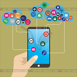 Mobile phone with hand and cloud of icons - vector image