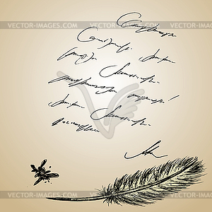 Goose feather and old paper with inscription - vector clipart