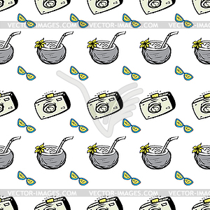 Coconut, sunglasses, camera seamless pattern - vector clip art