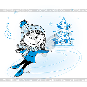 Girl skating and xmas tree - vector EPS clipart