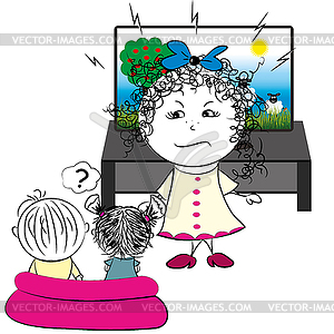 Mother forbids children to watch television - vector clip art