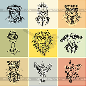 Set nine animal Hipster - vector clipart