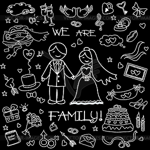 Wedding set, words We are family! On black - vector image