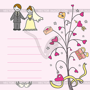 Invitation card with love tree, hearts - vector image