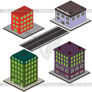 Isometric Buildings and Road - vector clipart