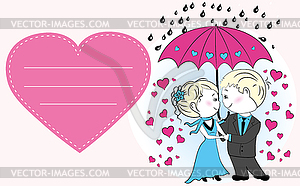 Couple in love standing under an umbrella in rain, - vector clip art