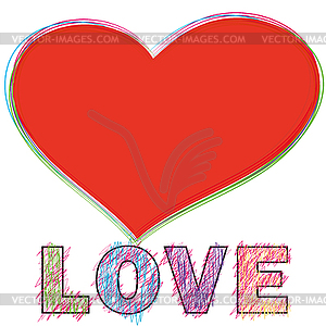 Word LOVE painted children`s style pencil - vector clip art