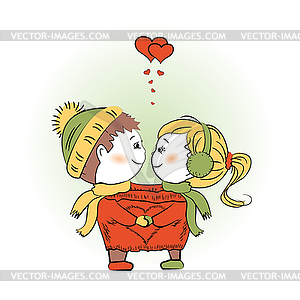Любящая пара вместе в одной куртке, Валентина - векторное изображение клипарта