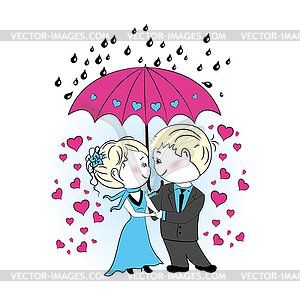 Couple in love standing under an umbrella in rain - vector image