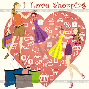 Heart with icons and shopping girls - vector image