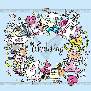 Doodle wedding set, , - vector image